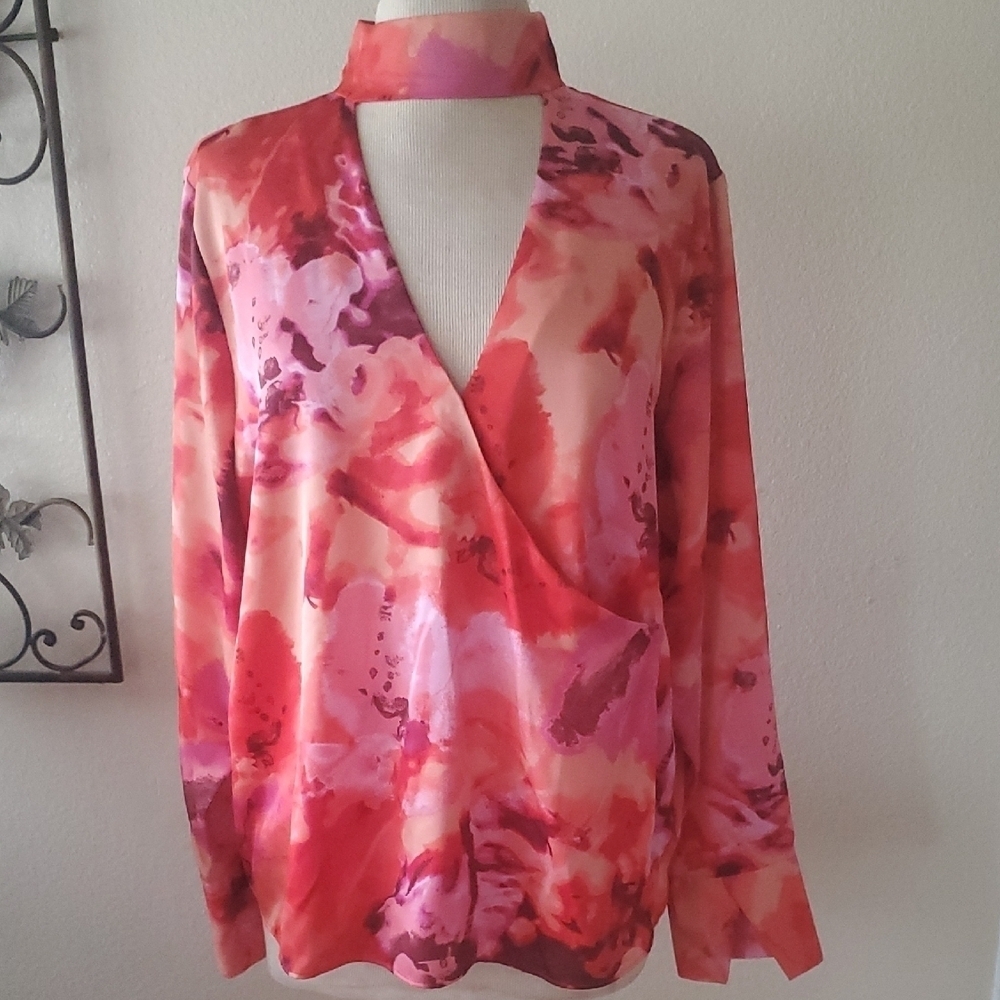 Worthington Floral Wrap Blouse - Pink and Red